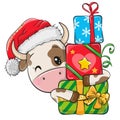 Cartoon Bull with gifts in a Santa hat Royalty Free Stock Photo