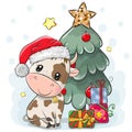 Cartoon Bull is near the Christmas tree Royalty Free Stock Photo