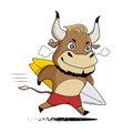Cartoon bull running with surfboard. Cute bull enjoys summer vacations. Symbol of 2021. Vector illustration Royalty Free Stock Photo