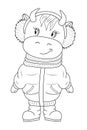 Cartoon bull vector coloring as 2021 Christmas, New Year invitation. Cute baby cow is wearing coat, boots. Poster