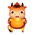 Cartoon bull with yuanbao ingot. Ox character for 2021 Chinese new year celebration. Happy cow with golden boat