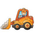 Cartoon bulldozer with worker. Construction vehicles. Colorful vector illustration for children