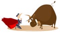 Cartoon bullfighter and angry bull illustration