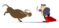 Cartoon bullfighter shows a red card to the angry bull illustration