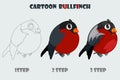 Cartoon bullfinch, isolated 3 step drawing. Vector winter bird.