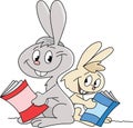 Cartoon bunnies sitting back to back reading books vector illustration