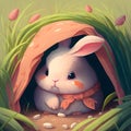 Cartoon bunny, adorable, fluffy, shy, pink and white, wearing a pink bow peeking out of a cozy burrow in a grassy meadow, cute and Royalty Free Stock Photo