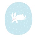 Cartoon Bunny is running under snowfall. Easter bunny. Kid Vector Illustration. Winter landscape for the New Year and Christmas. Royalty Free Stock Photo