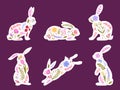 Cartoon bunny silhouettes. Easter cute rabbits with spring flowers, decorated hare easter flat vector illustration set on white Royalty Free Stock Photo