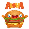 Cartoon burger emoticon character with aloha title