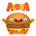 Cartoon burger emoticon character with aloha title Royalty Free Stock Photo
