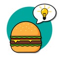 Cartoon burger, good idea, light bulb. Vector illustration.