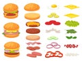 Cartoon burger ingredients. Hamburger, chop bun and tomato. Ham, fresh pickles and cheese slices. Fast food constructor