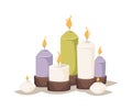 Cartoon burning candles with candle holder and fire wax flame bright decoration flat vector. Royalty Free Stock Photo