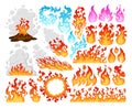 Cartoon burning flames, fireballs and bonfire, wildfire elements. Burn red flames, fire flame spurts vector symbols illustrations Royalty Free Stock Photo