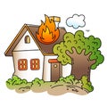 Cartoon burning house. Fire or flame. Colorful vector illustration for children