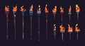 Cartoon burning torch. Sprite animation frame collection of medieval burning fire fire blaze sequence, flame on metal