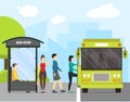 Cartoon Bus Stop with Transport and People. Vector Royalty Free Stock Photo