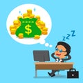 Cartoon business boss falling asleep and dreaming about money