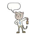 cartoon business cat with dead mouse with speech bubble