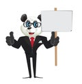 Cartoon business character panda holding a blank placard Royalty Free Stock Photo