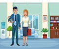 Cartoon business couple at office scenery