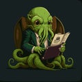 Cartoon Business Cthulhu Woking on His Portfolio.