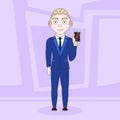 Cartoon Business Man In Elegant Suit Hold Cell Smart Phone Over Abstract Background Royalty Free Stock Photo