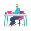 Cartoon business man sitting at office desk using laptop Royalty Free Stock Photo