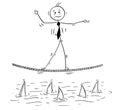 Cartoon of Business Man Walking on Tightrope Rope