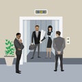 Cartoon business people in elevator and near, lift with open doo