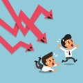 Cartoon business people escape from stock market arrow