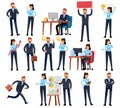 Cartoon business persons. Businessman professional woman in different office work situations. Vector characters set Royalty Free Stock Photo