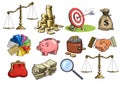 Cartoon business set. Scales, stack of coins, sack of dollars, credit cards, handshake, purse, wallet, piggy bank