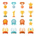 Cartoon business and sport awards and trophy illustration set, Colorful flat vector icons of medals, cups, and bowls Royalty Free Stock Photo