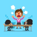 Cartoon business team sleeping and angry businesswoman