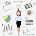 Cartoon business woman and doodle business set on background. Royalty Free Stock Photo