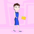 Cartoon Business Woman In Elegant Dress Walking Hold Clipboard Over Abstract Pink Background