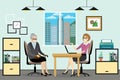 Cartoon business woman and grandmother talking in office,