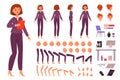 Cartoon business woman kit. Female character, strict office suit, separate body parts in different positions, various emotions,