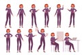 Cartoon business woman poses. Professional office employee female character, different poses and emotions, strict dress