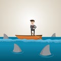 Cartoon businessman on boat with shark in sea