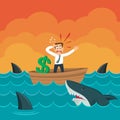 Cartoon businessman boat surrounded sharks