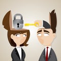 Cartoon businessman and businesswoman unlock with key Royalty Free Stock Photo