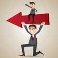 Cartoon businessman carry red arrow with exploited teammate Royalty Free Stock Photo