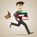 Cartoon businessman carry stack of folder and dropped book