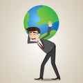 Cartoon businessman carrying globe on shoulder
