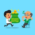 Cartoon businessman carrying retirement savings bag for old man