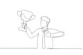 Cartoon of businessman champion get award prize celebrating archievement. One line art style