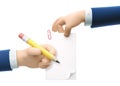 3d illustration. Cartoon businessman character hands holding document and pencil. Fill form concept.